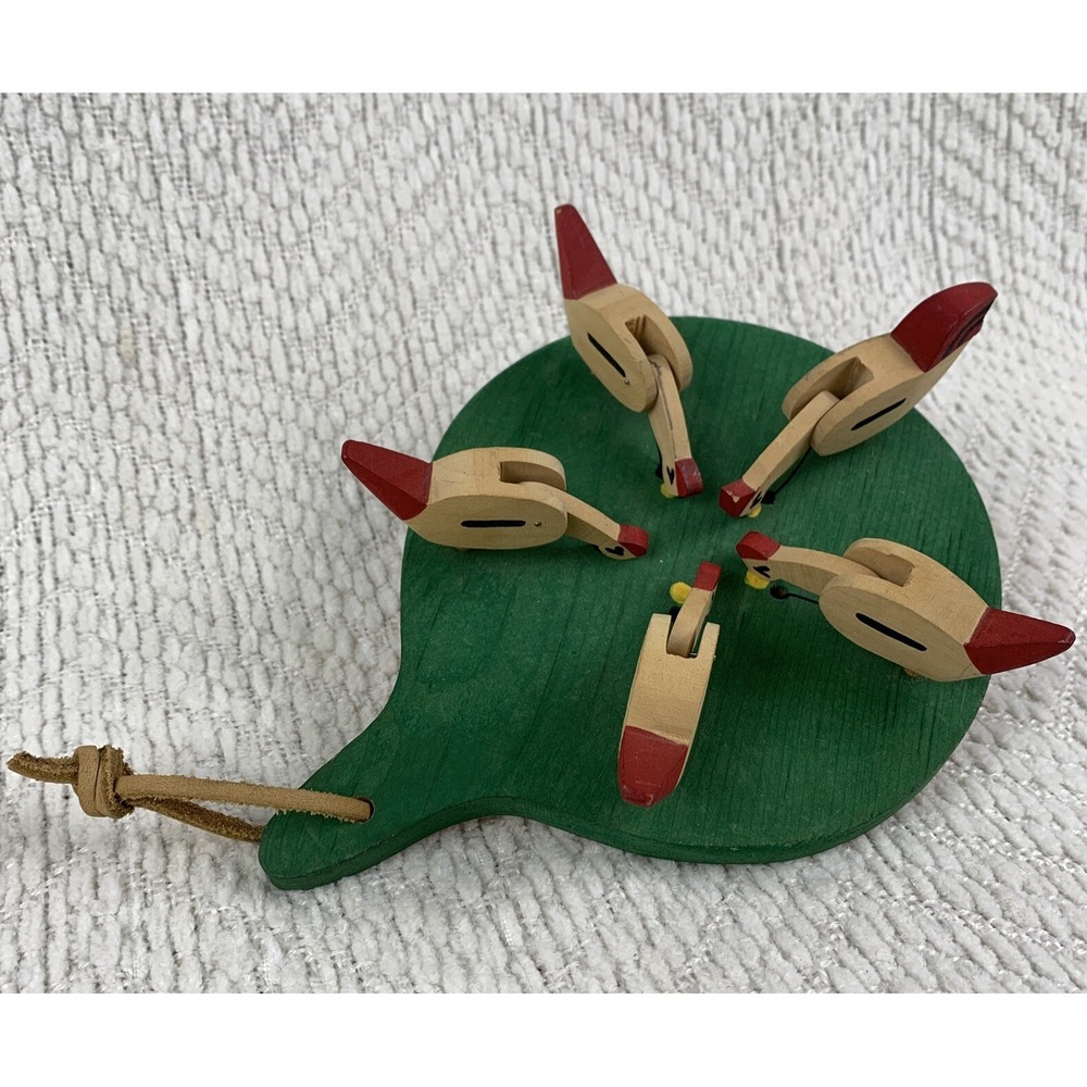 Folk Art Hand Painted Wooden Handmade Vintage Pecking Chickens Motion Paddle Toy